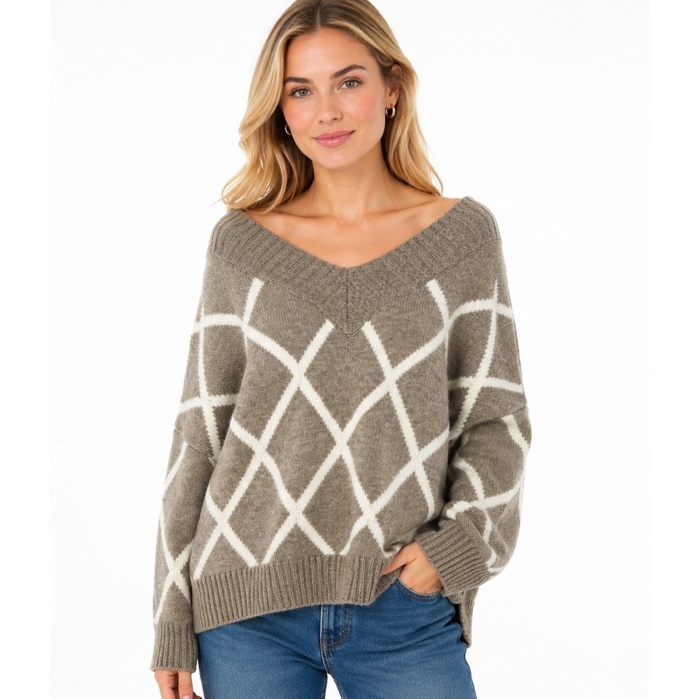 Abercrombie & Fitch Oversized Vintage Taupe Cream Geometric Knit Sweater Large